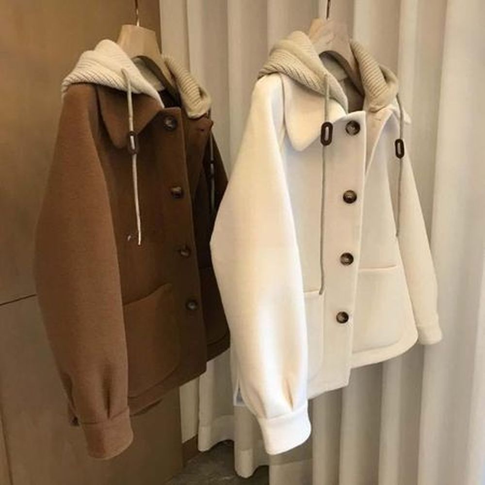 Women's Woolen Coat Knitted Hooded Thickened Top
