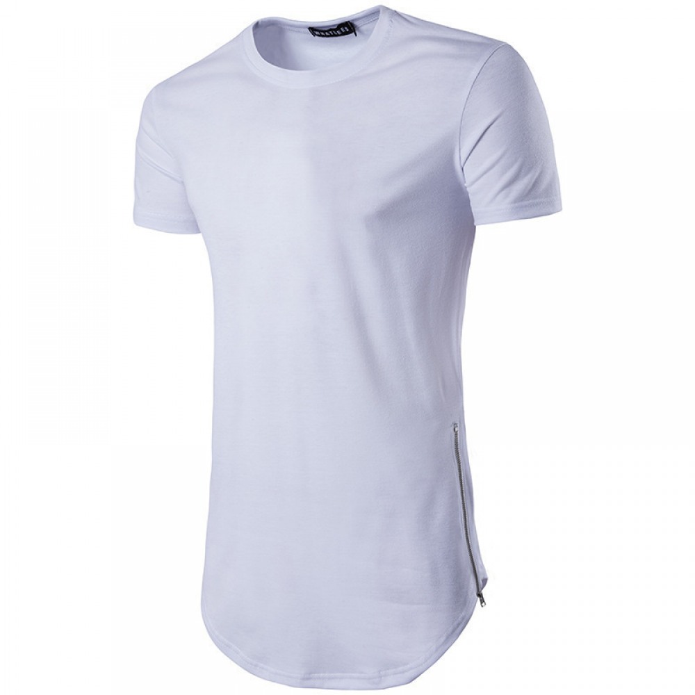 Men's High Street Style Double Zipper Long Round Neck T-Shirt Multicolor Large Size Short-Sleeved T-Shirt